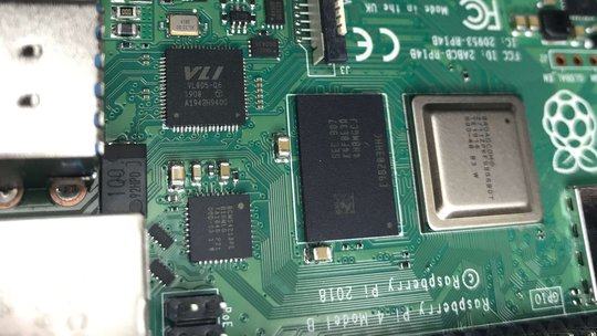 Raspberry Pi 4 Model B - main CPU and PCIe-USB3.0 bridge visible.